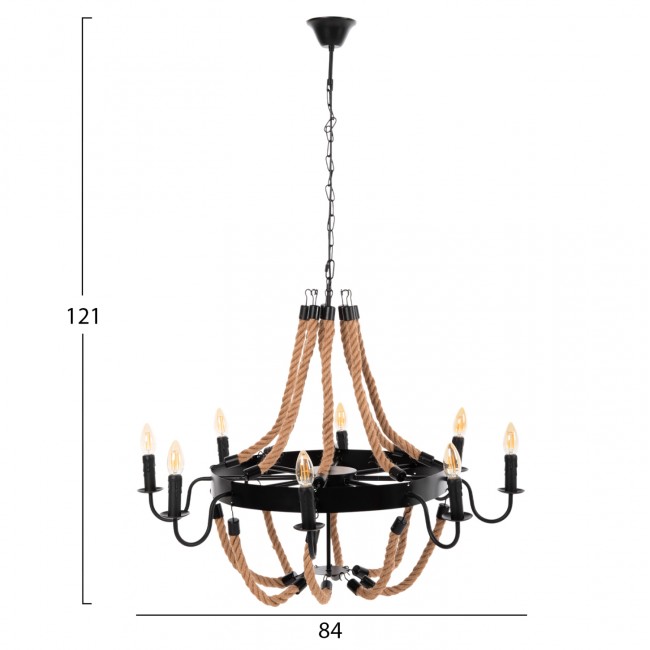Φωτιστικό οροφής πολύφωτο από μέταλλο/σχοινί σε χρώμα μαύρο/φυσικό 84x84x121
