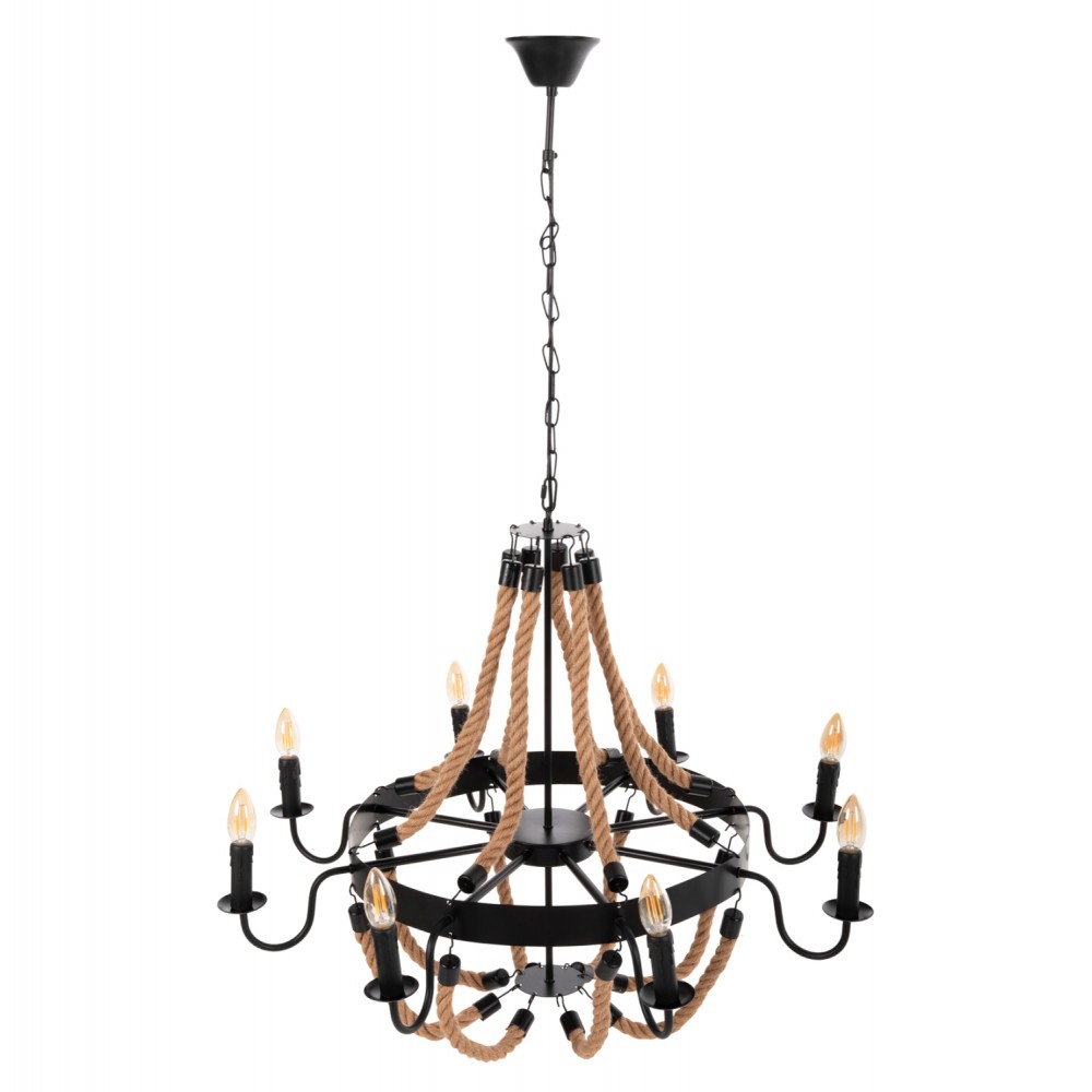 Φωτιστικό οροφής πολύφωτο από μέταλλο/σχοινί σε χρώμα μαύρο/φυσικό 84x84x121