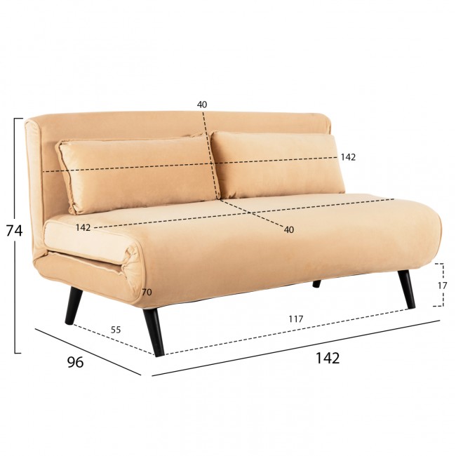 Καναπές κρεβάτι "ASMA" από βελούδο σε χρώμα μπέζ 142x96x74