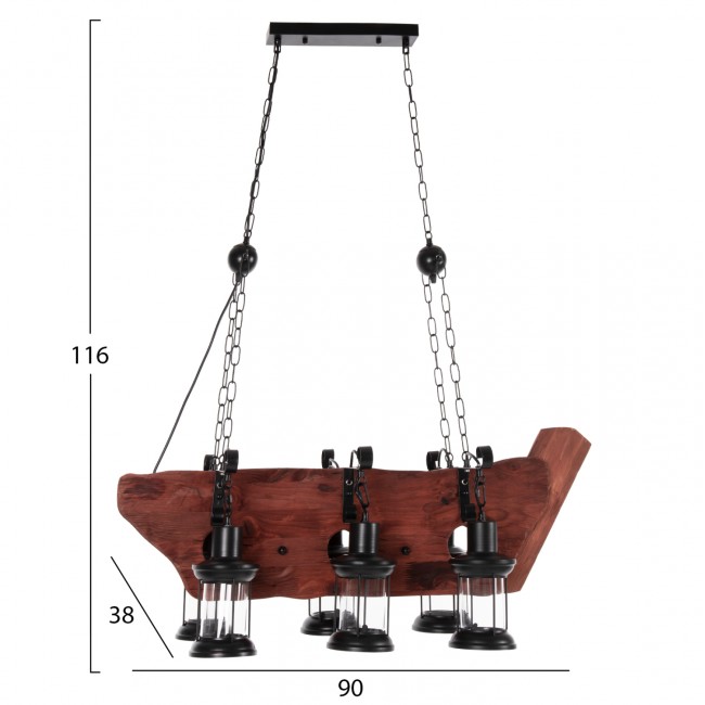 Φωτιστικό οροφής πολύφωτο από μέταλλο/ξύλο/γυαλί σε χρώμα μαύρο/καρυδί 90x38x116