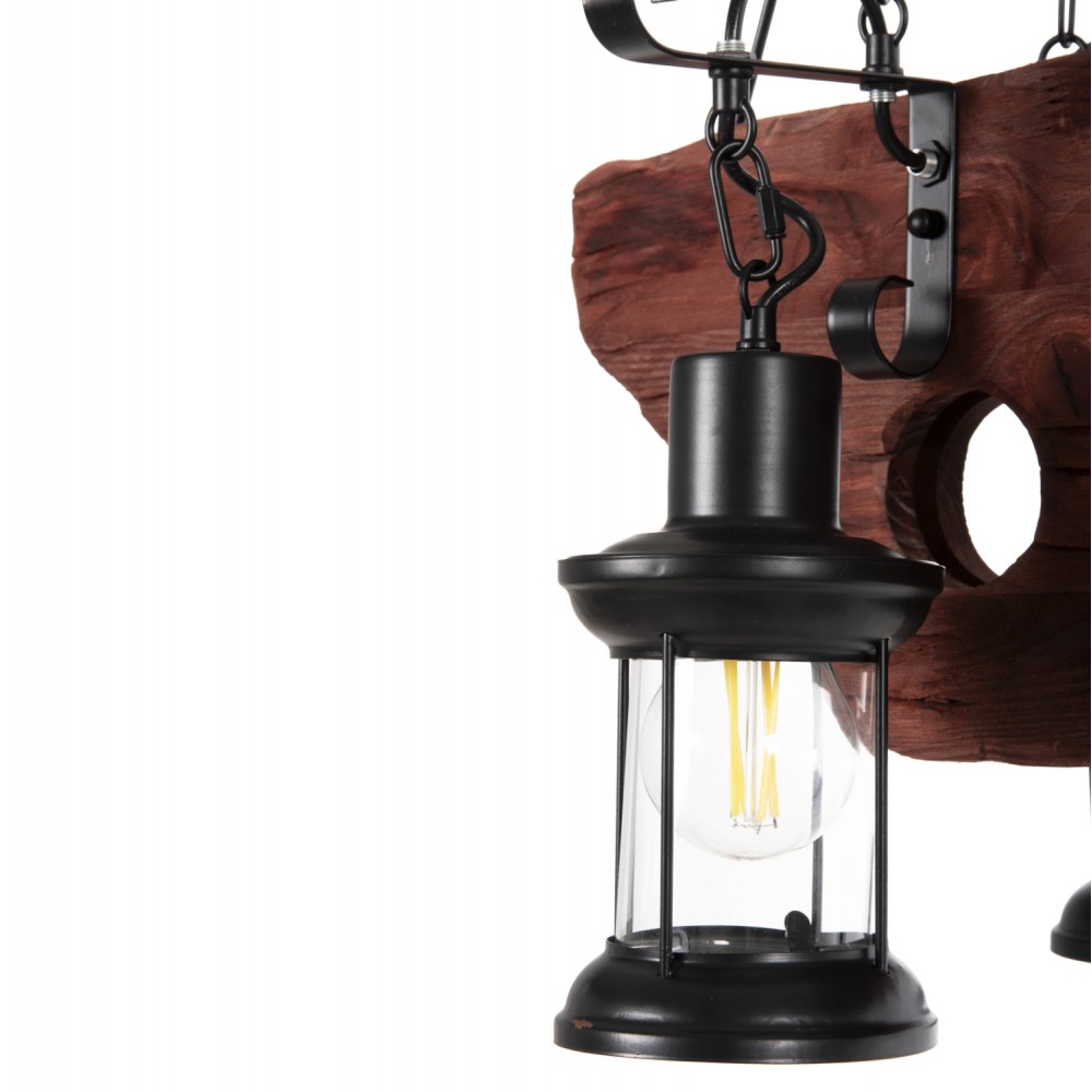 Φωτιστικό οροφής πολύφωτο από μέταλλο/ξύλο/γυαλί σε χρώμα μαύρο/καρυδί 90x38x116