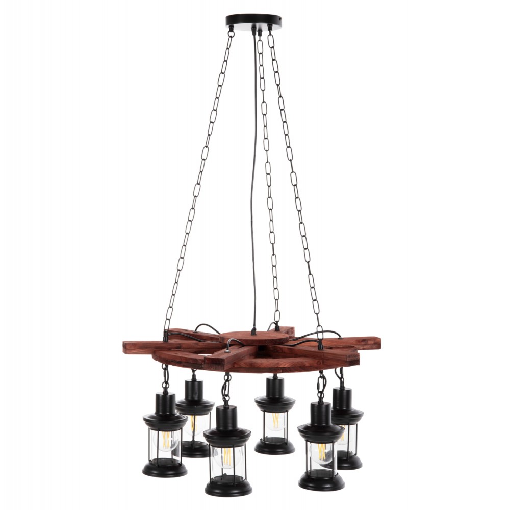 Φωτιστικό οροφής πολύφωτο από μέταλλο/ξύλο/γυαλί σε χρώμα μαύρο/καρυδί 69x69x119
