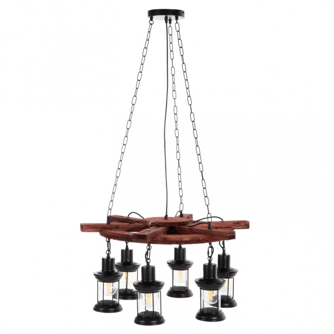 Φωτιστικό οροφής πολύφωτο από μέταλλο/ξύλο/γυαλί σε χρώμα μαύρο/καρυδί 69x69x119