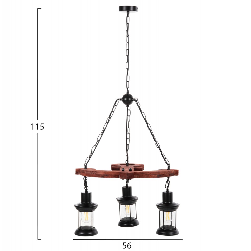 Φωτιστικό οροφής πολύφωτο από μέταλλο/ξύλο/γυαλί σε χρώμα μαύρο/καρυδί 56x51,5x115
