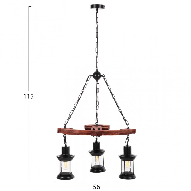 Φωτιστικό οροφής πολύφωτο από μέταλλο/ξύλο/γυαλί σε χρώμα μαύρο/καρυδί 56x51,5x115