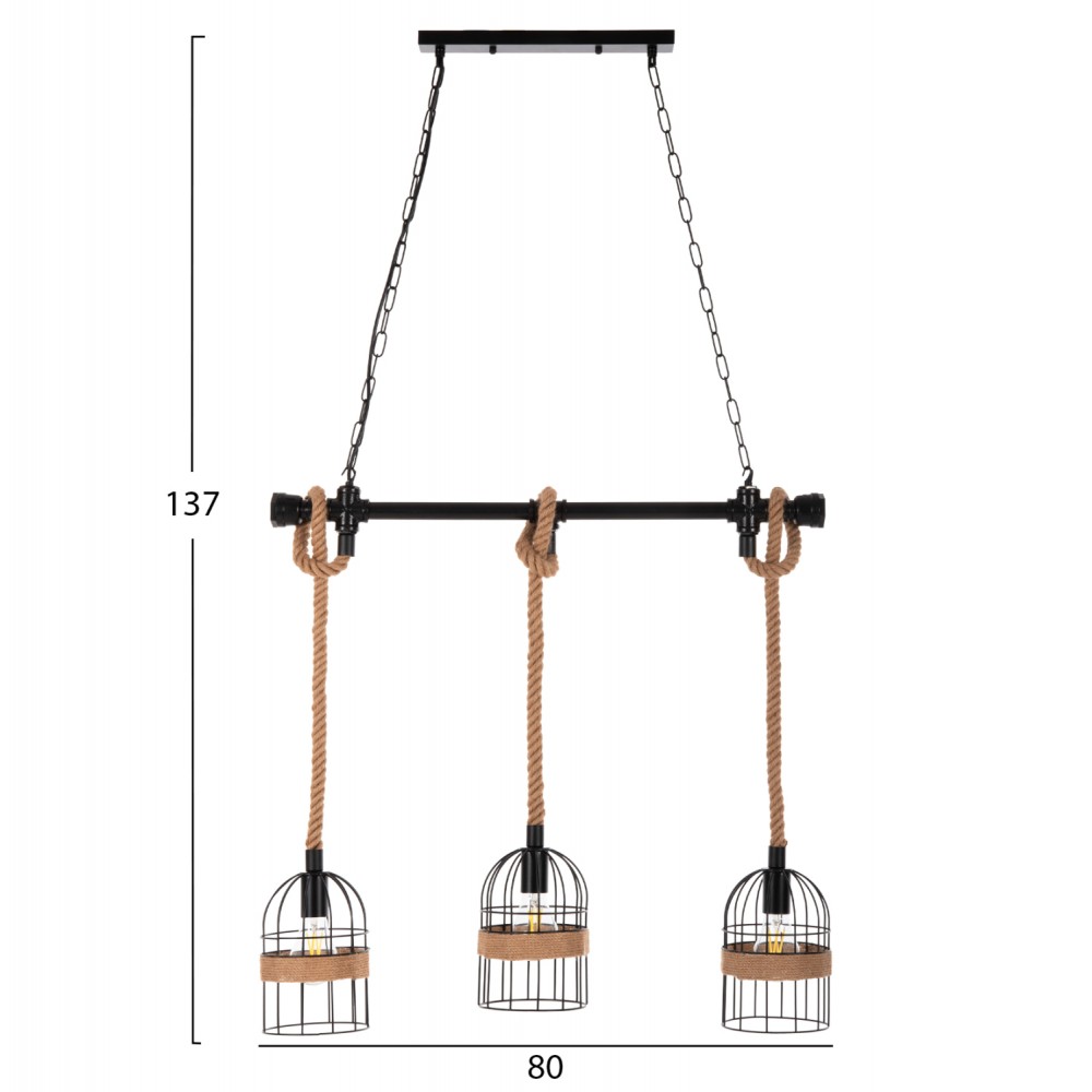 Φωτιστικό οροφής πολύφωτο από μέταλλο/σχοινί σε χρώμα μαύρο/φυσικό 80x14,5x137