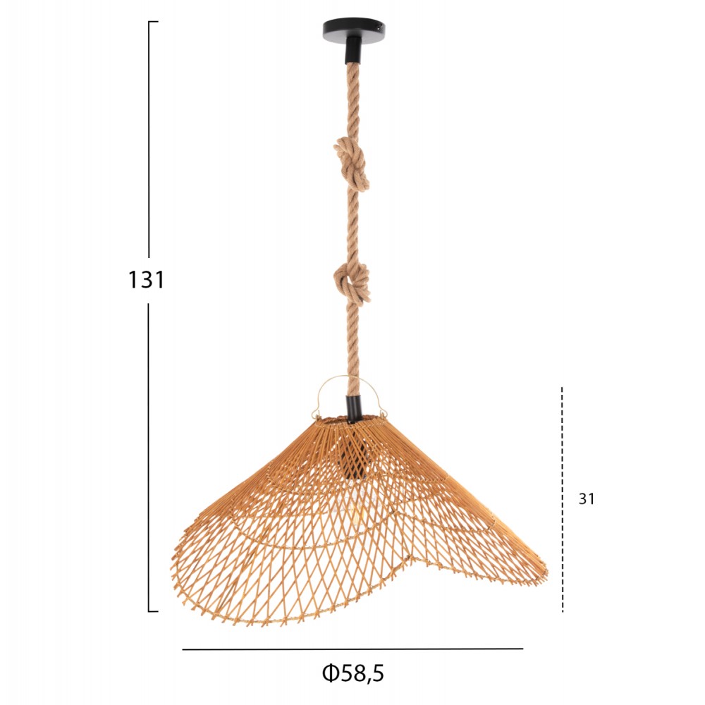 Φωτιστικό οροφής μονόφωτο από σχοινί/ραττάν σε χρώμα φυσικό/μπέζ Φ58,5Χ131