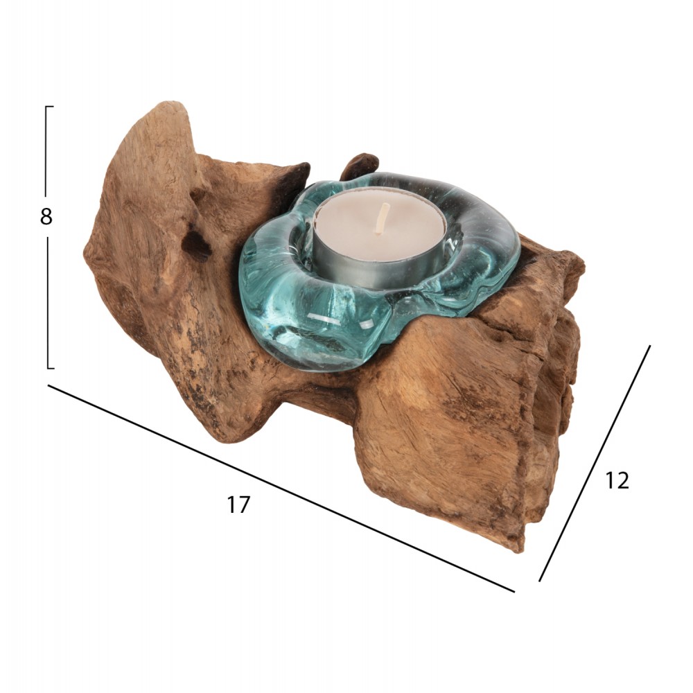 Διακοσμητικό επιτραπέζιο για κερί από ξύλο/γυαλί σε χρώμα φυσικό/γαλάζιο 17x12x8