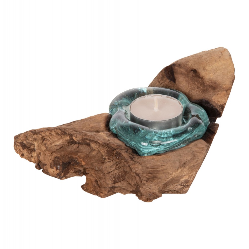 Διακοσμητικό επιτραπέζιο για κερί από ξύλο/γυαλί σε χρώμα φυσικό/γαλάζιο 17x12x8