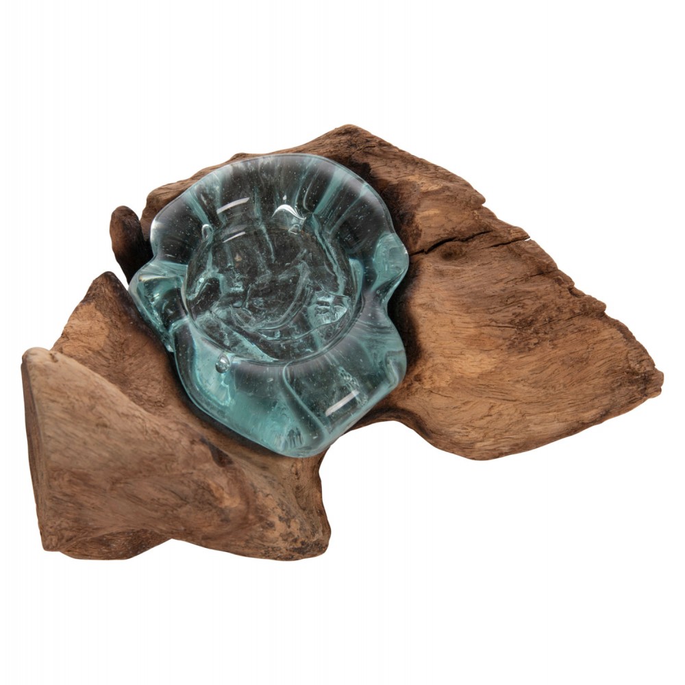 Διακοσμητικό επιτραπέζιο για κερί από ξύλο/γυαλί σε χρώμα φυσικό/γαλάζιο 17x12x8