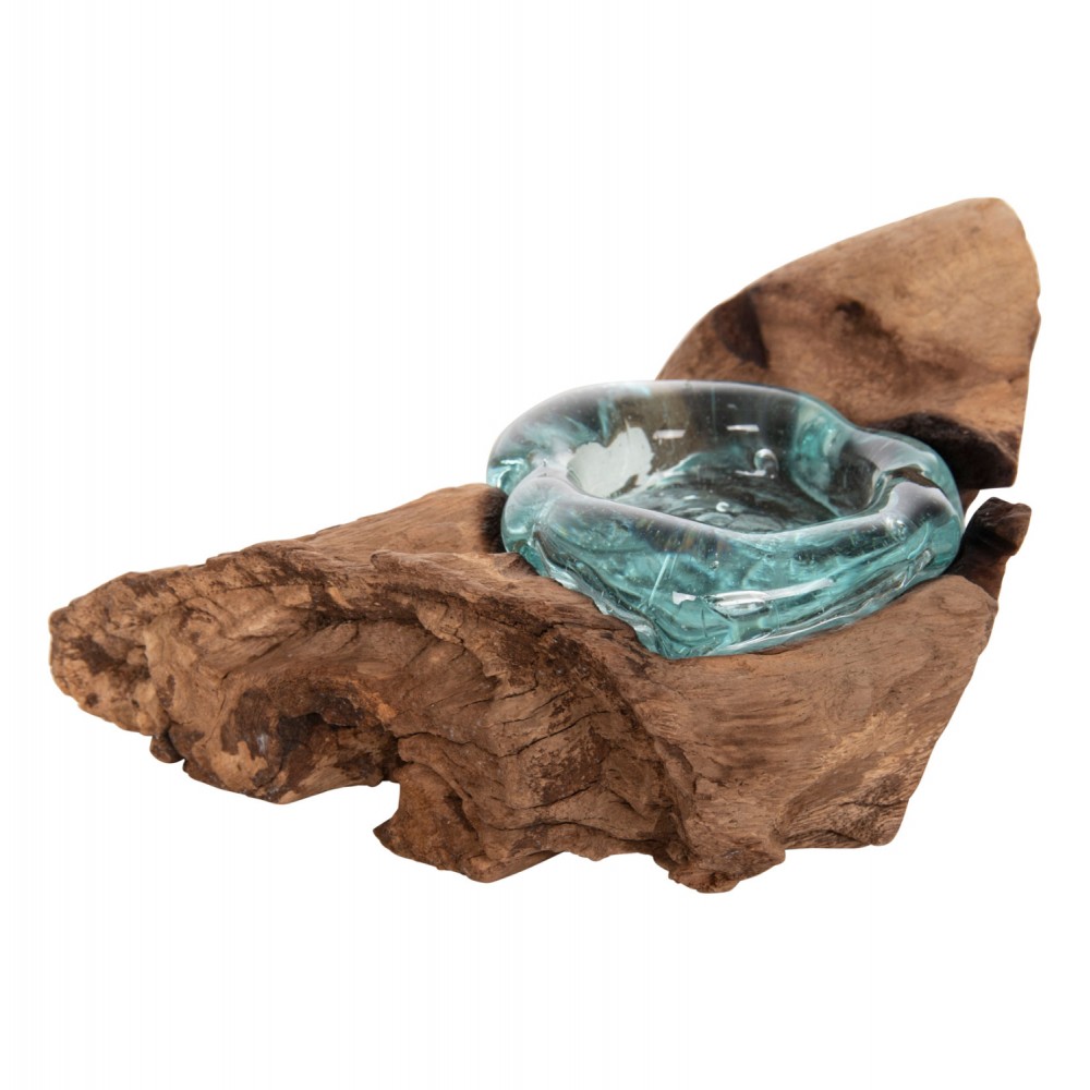 Διακοσμητικό επιτραπέζιο για κερί από ξύλο/γυαλί σε χρώμα φυσικό/γαλάζιο 17x12x8