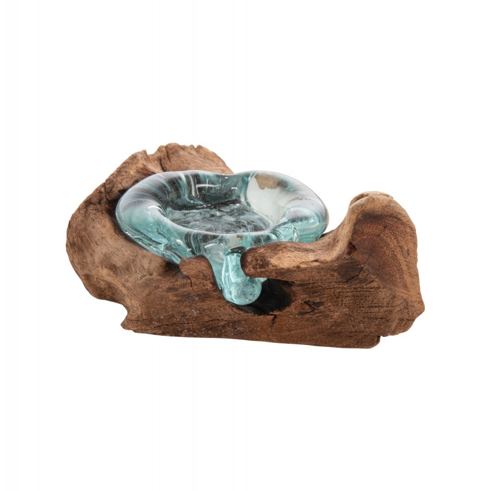 Διακοσμητικό επιτραπέζιο για κερί από ξύλο/γυαλί σε χρώμα φυσικό/γαλάζιο 17x12x8