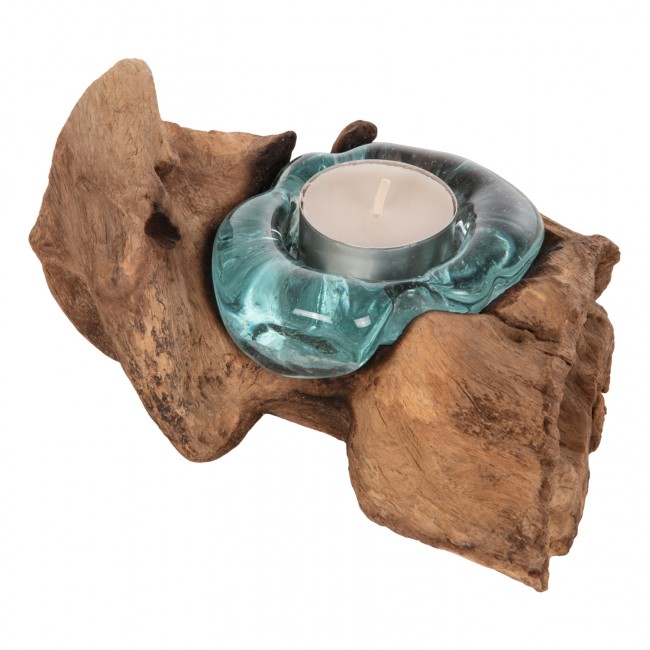 Διακοσμητικό επιτραπέζιο για κερί από ξύλο/γυαλί σε χρώμα φυσικό/γαλάζιο 17x12x8