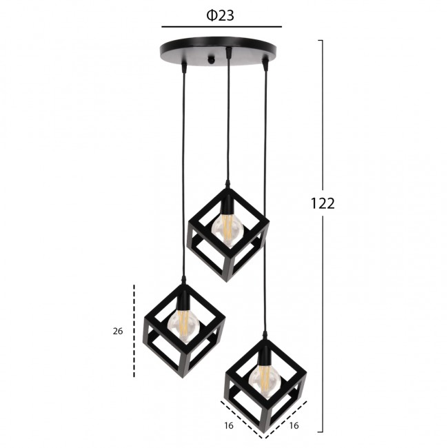 Φωτιστικό οροφής τρίφωτο από μέταλλο σε χρώμα μαύρο Φ23x122