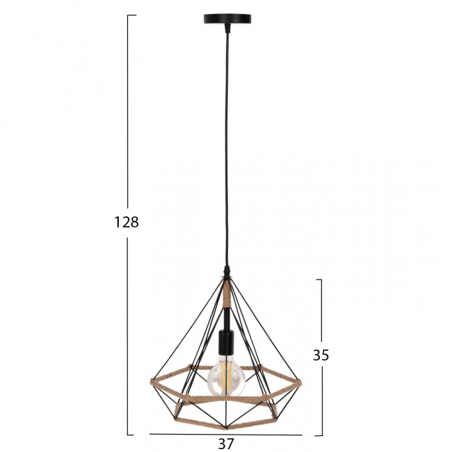Φωτιστικό οροφής μονόφωτο από μέταλλο/σχοινί σε χρώμα μαύρο/φυσικό 33x37x128