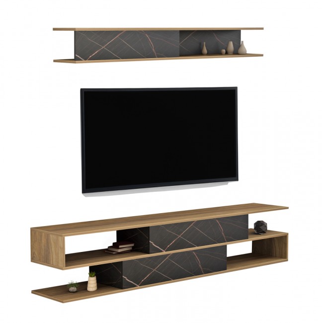 Σύνθεση τηλεόρασης "BIRGITTA" σε χρώμα φυσικό και μαύρο μαρμάρου 181x31,5x39,6