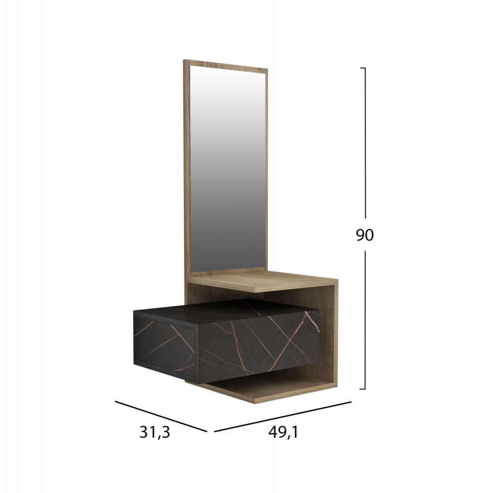 Έπιπλο εισόδου "MEARA" με καθρέπτη σε χρώμα φυσικό και μαύρο μαρμάρου 49,1x31,3x90