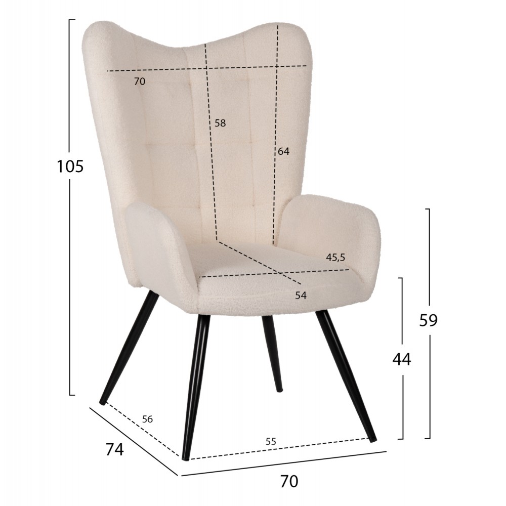 Πολυθρόνα με υποπόδιο "CRAWLEY" από ύφασμα σε χρώμα λευκό 70x74x105