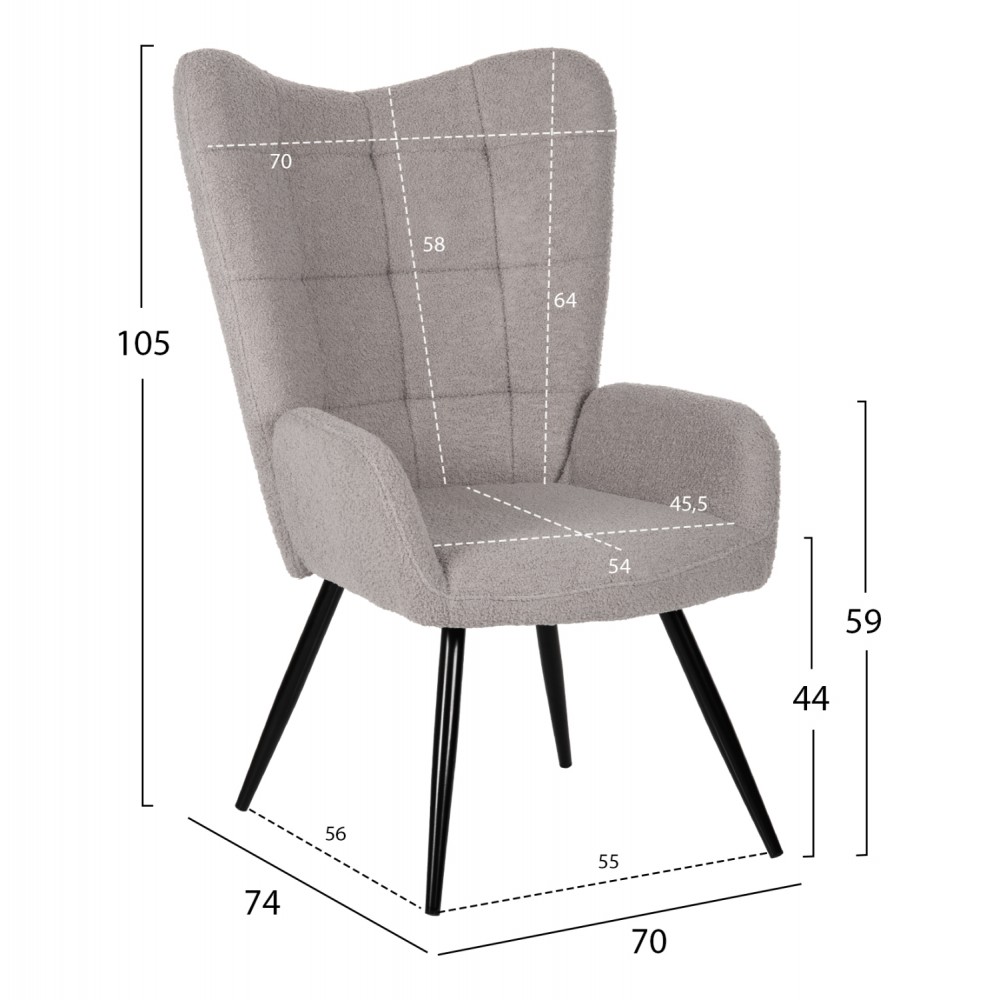 Πολυθρόνα με υποπόδιο "CRAWLEY" από ύφασμα σε χρώμα γκρι 70x74x105