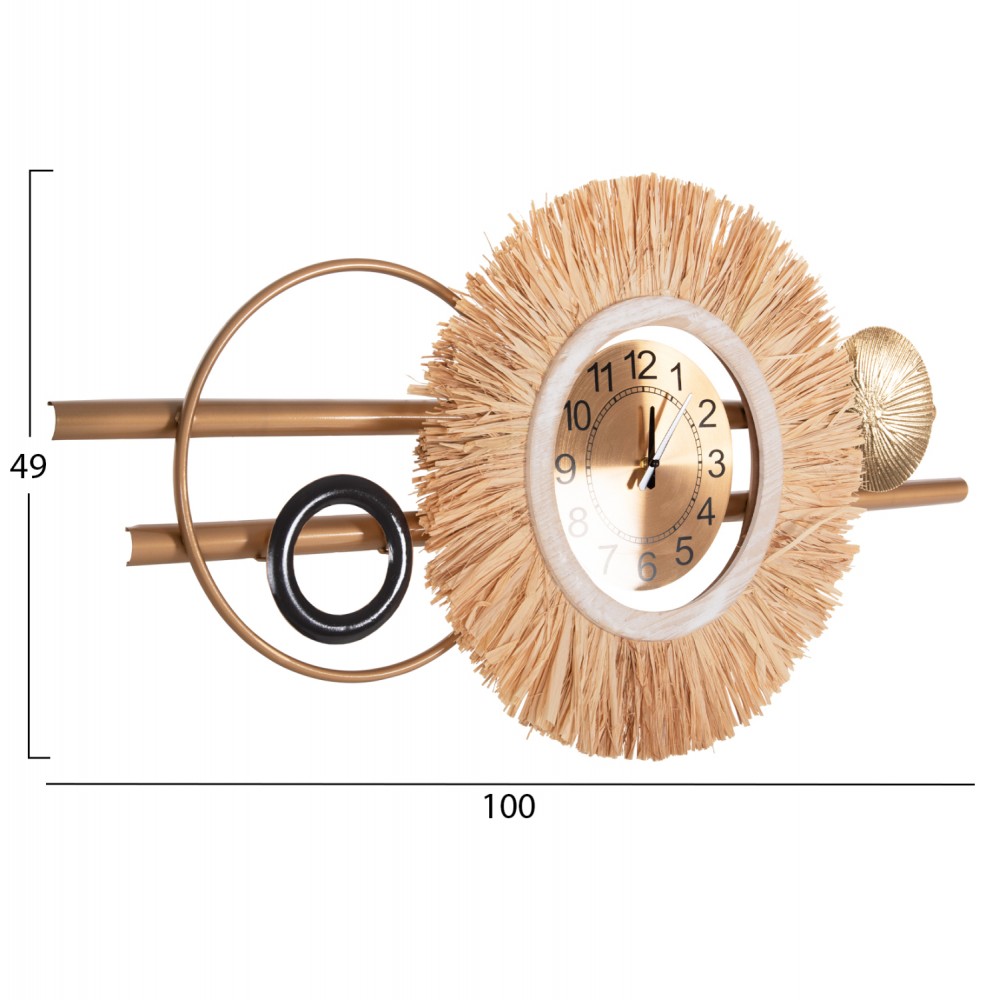 Ρολόι τοίχου από μέταλλο/ίνες raffia σε χρώμα μαύρο/χρυσό/φυσικό 100x49
