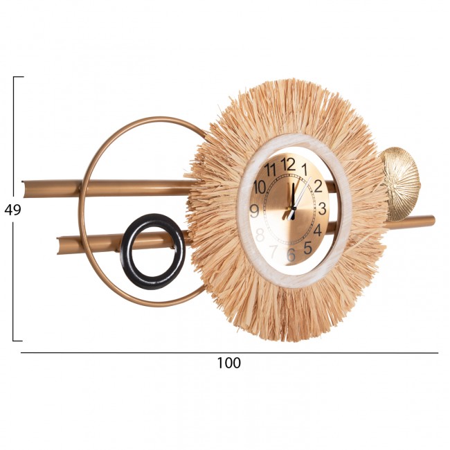 Ρολόι τοίχου από μέταλλο/ίνες raffia σε χρώμα μαύρο/χρυσό/φυσικό 100x49