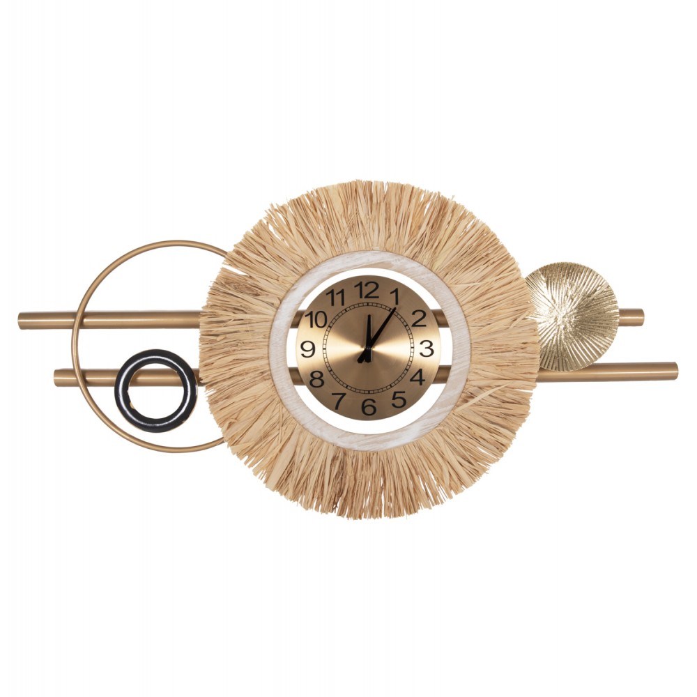 Ρολόι τοίχου από μέταλλο/ίνες raffia σε χρώμα μαύρο/χρυσό/φυσικό 100x49