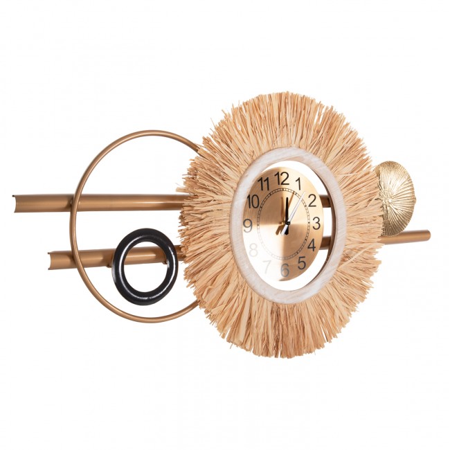 Ρολόι τοίχου από μέταλλο/ίνες raffia σε χρώμα μαύρο/χρυσό/φυσικό 100x49
