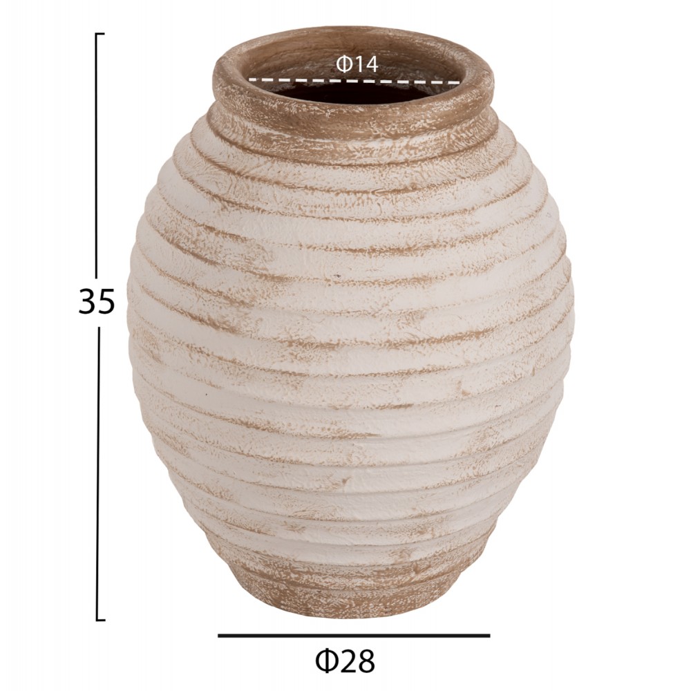 Διακοσμητικό βάζο δαπέδου "PYDNA" από τερακότα σε χρώμα αντικέ λευκό/μπεζ Φ28x35