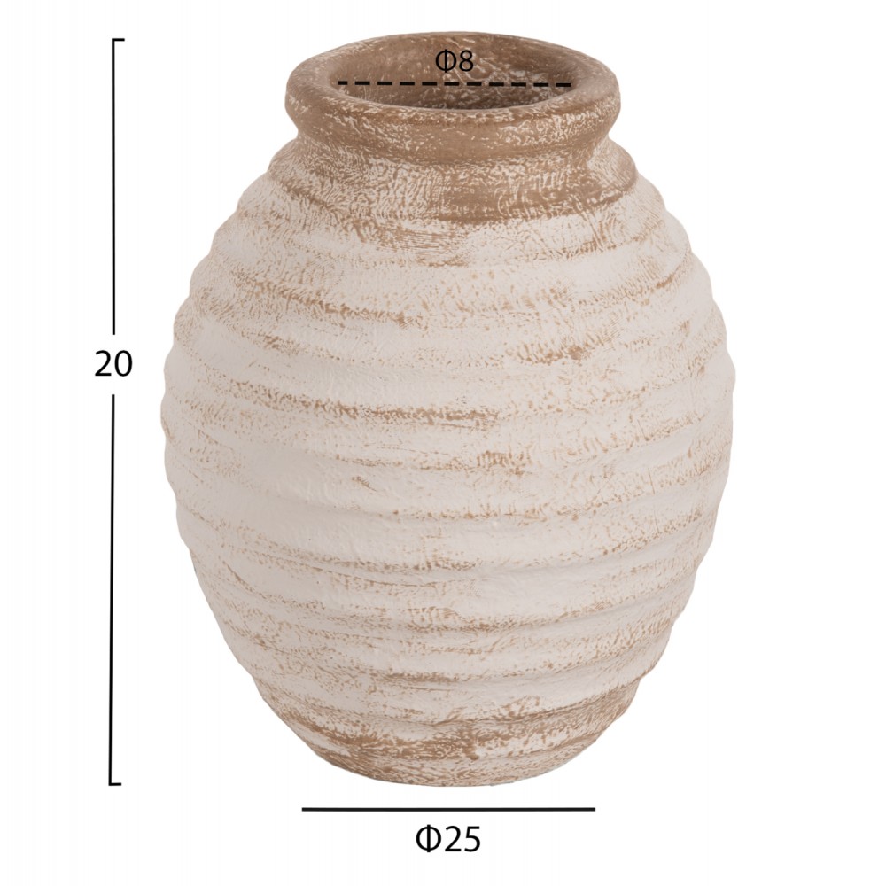 Διακοσμητικό βάζο "PYDNA" από τερακότα σε χρώμα αντικέ λευκό/μπεζ Φ20x25