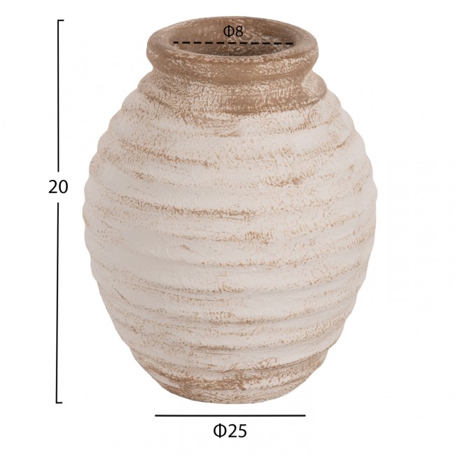 Διακοσμητικό βάζο "PYDNA" από τερακότα σε χρώμα αντικέ λευκό/μπεζ Φ20x25