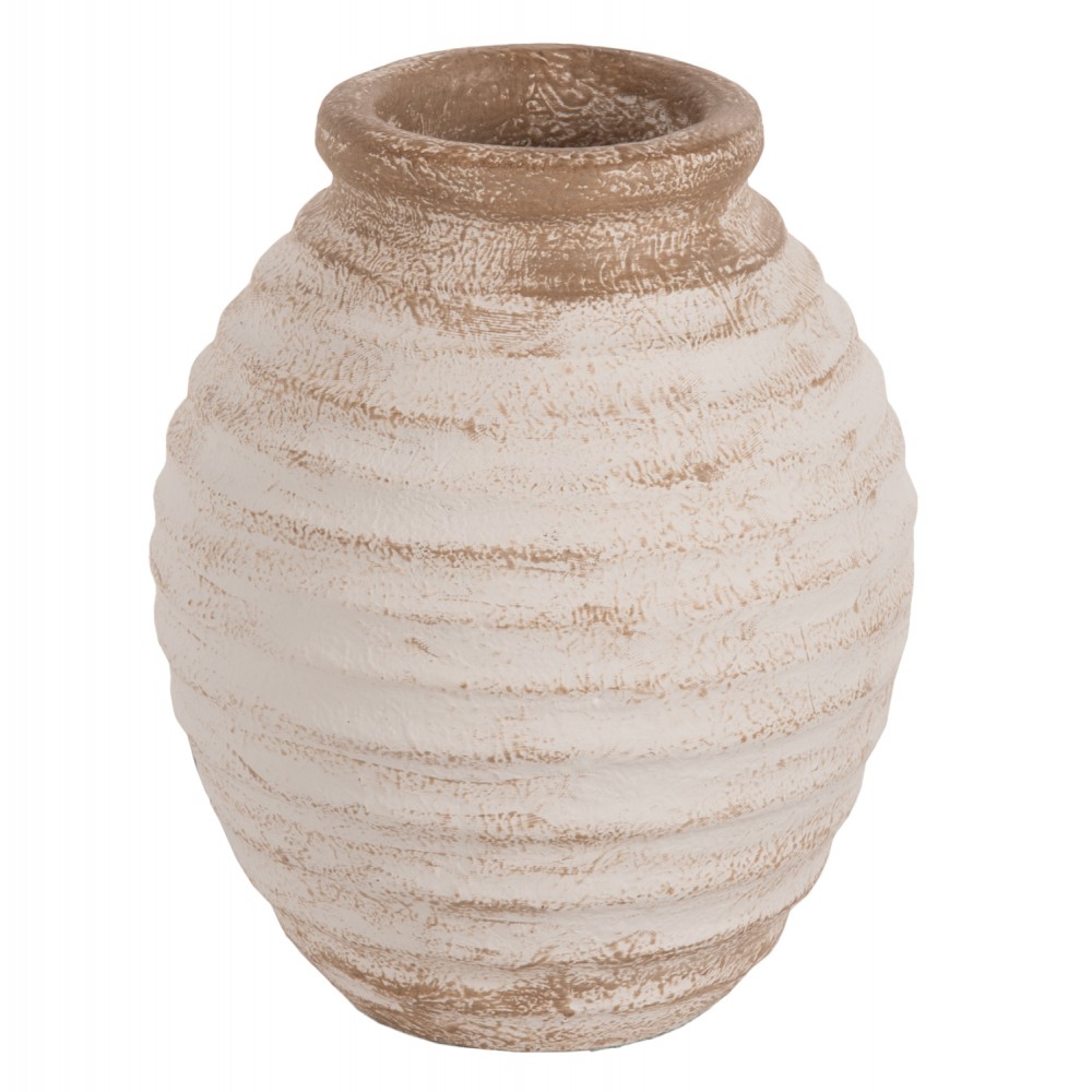 Διακοσμητικό βάζο "PYDNA" από τερακότα σε χρώμα αντικέ λευκό/μπεζ Φ20x25