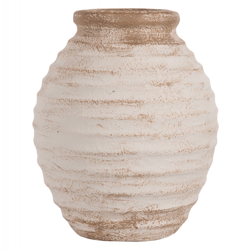 Διακοσμητικό βάζο "PYDNA" από τερακότα σε χρώμα αντικέ λευκό/μπεζ Φ20x25