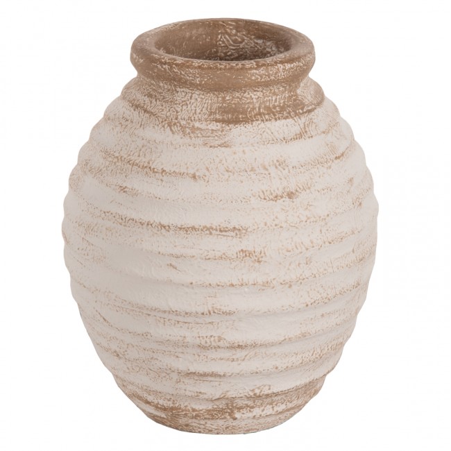 Διακοσμητικό βάζο "PYDNA" από τερακότα σε χρώμα αντικέ λευκό/μπεζ Φ20x25