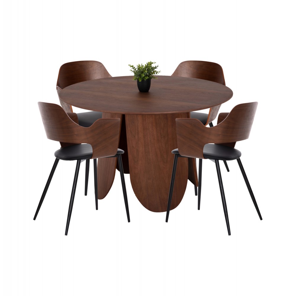 Σετ τραπεζαρίας 5τμχ από μέταλλο/τεχνόδερμα σε χρώμα μαύρο/καρυδί Φ120x75