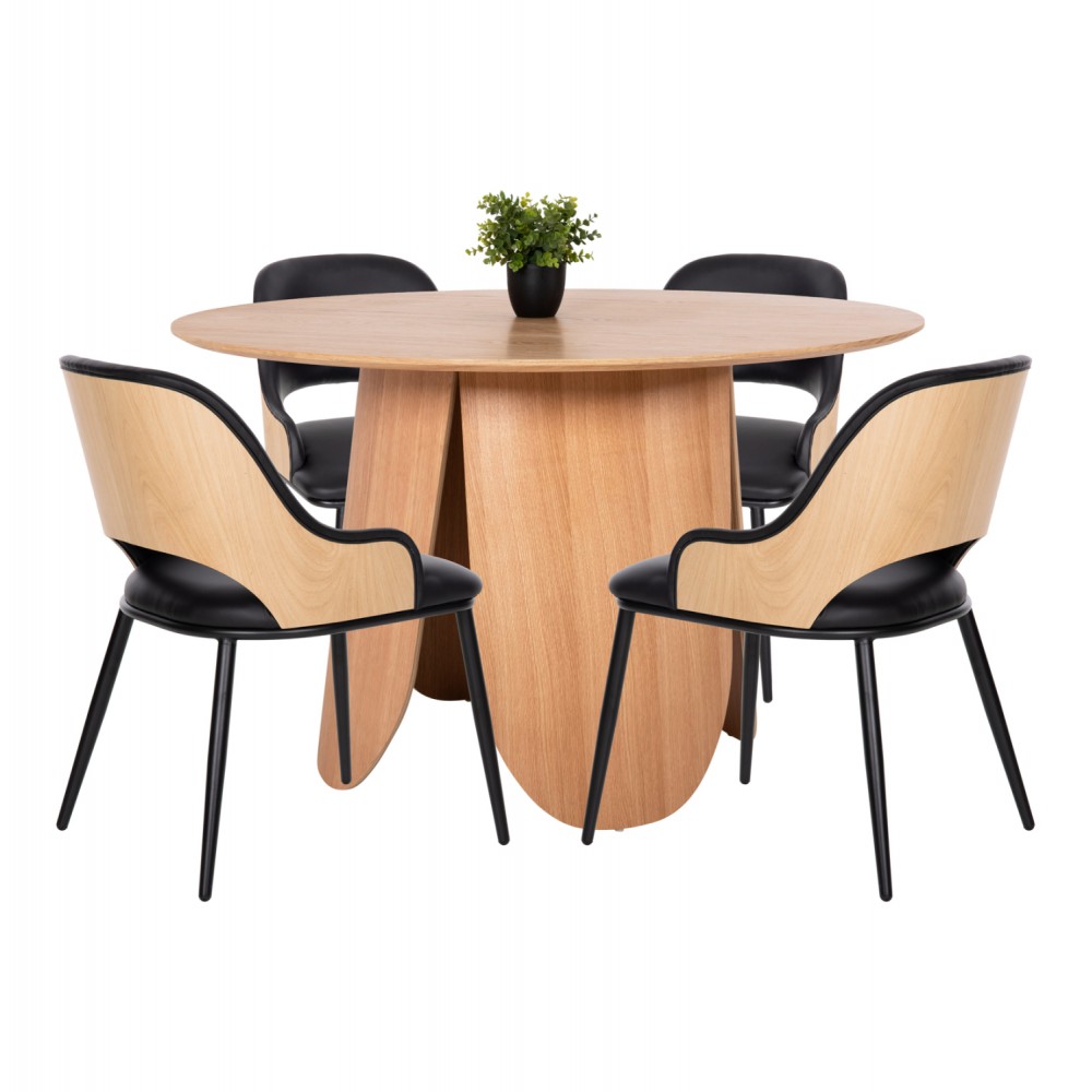 Σετ τραπεζαρίας 5τμχ από μέταλλο/τεχνόδερμα σε χρώμα μαύρο/φυσικό Φ120x75