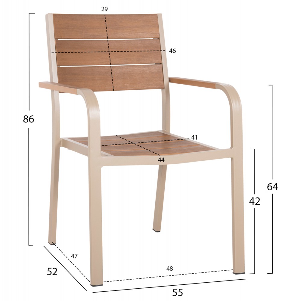 Πολυθρόνα "SAGA" από αλουμινίου/polywood σε χρώμα σαμπανί/φυσικό 55x52x86