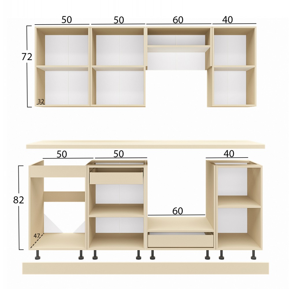 Σύνθεση κουζίνας με πάγκο σε χρώμα μπέζ μαρμάρου και λευκό 200x47x84,8