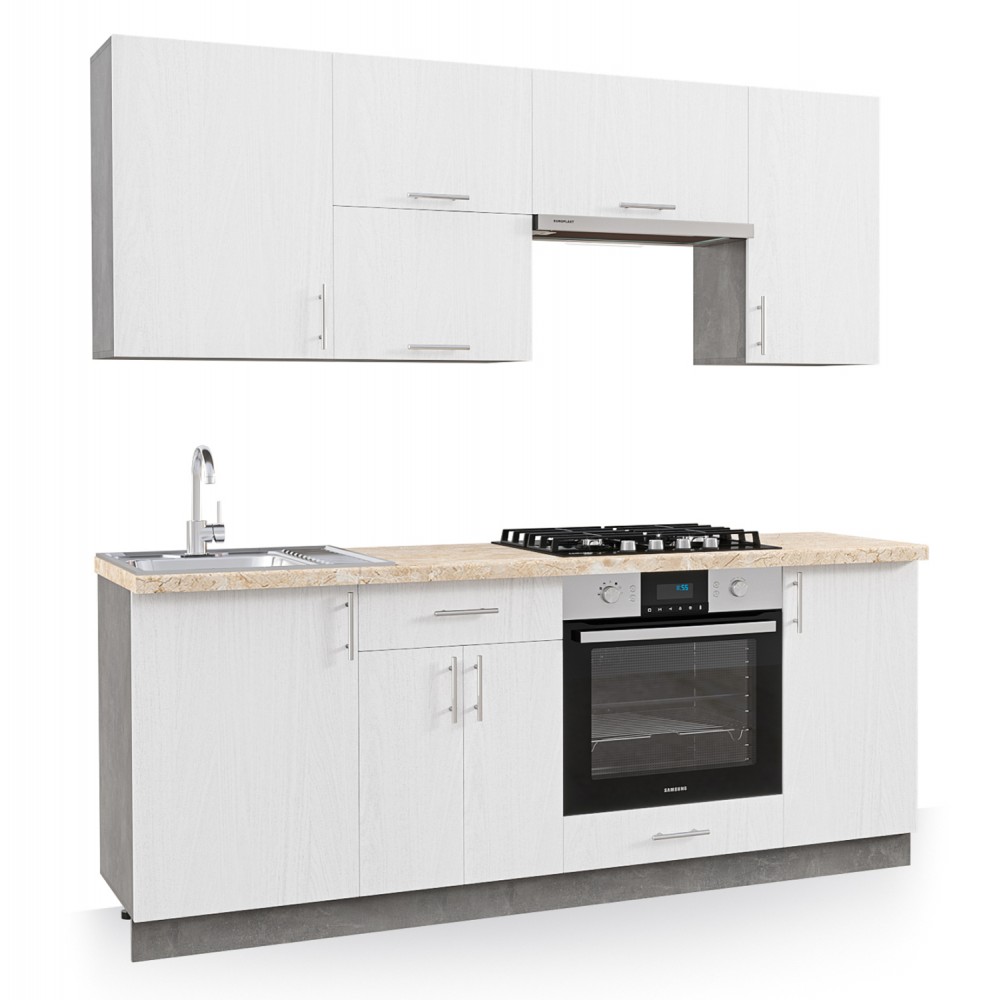 Σύνθεση κουζίνας με πάγκο σε χρώμα μπέζ μαρμάρου και λευκό 200x47x84,8