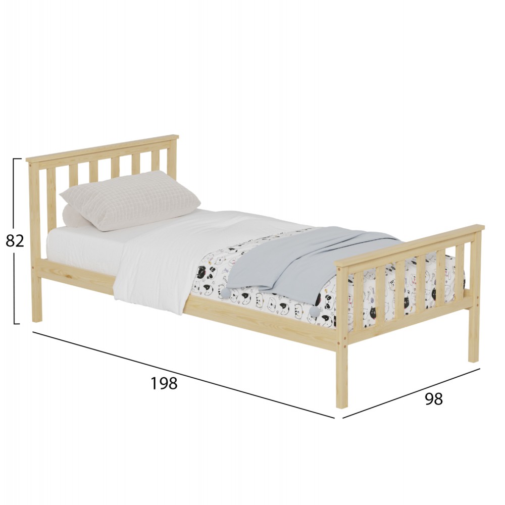 Κρεβάτι ''GIMLY'' μονό από ξύλο σε χρώμα φυσικό για στρώμα 190x90