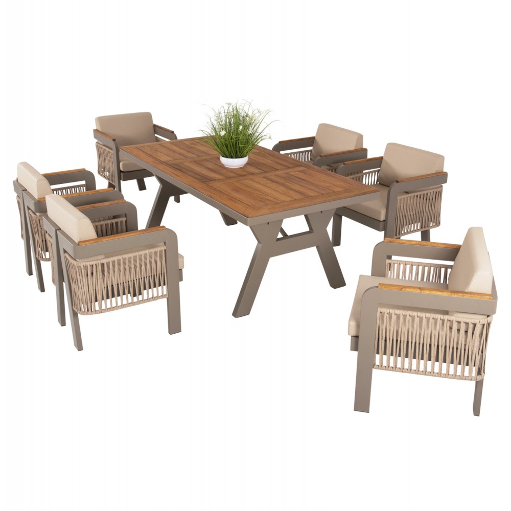 Σετ εξωτερικού χώρου "BART" 7τμχ από ξύλο/αλουμίνιο σε φυσικό/γκρι χρώμα 196,5x98x74,5