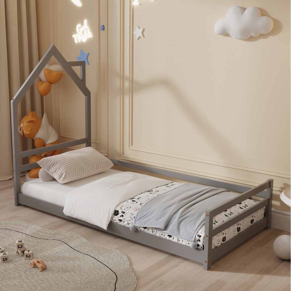 Κρεβάτι ''HOUSER'' μονό από ξύλο σε χρώμα γκρι για στρώμα 190x90