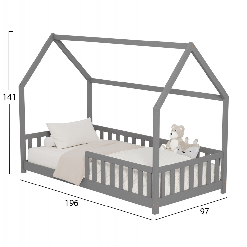 Κρεβάτι με κάγκελα ''PHYLLIS'' μονό από ξύλο σε χρώμα γκρι για στρώμα 190x90