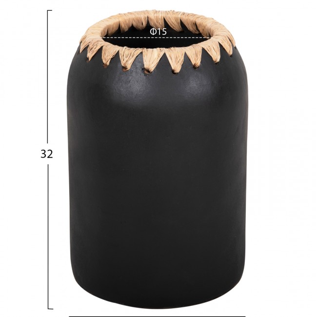 Διακοσμητικό βάζο δαπέδου από τερακότα/ψάθα σε χρώμα μαύρο/μπεζ Φ21Χ32