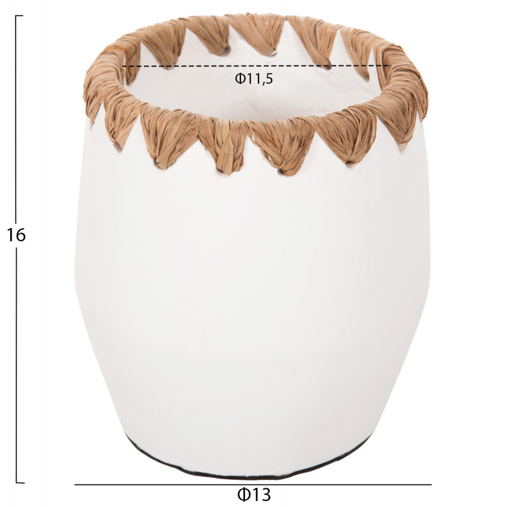 Διακοσμητικό βάζο δαπέδου από τερακότα/ψάθα σε χρώμα λευκό/μπεζ Φ13x16