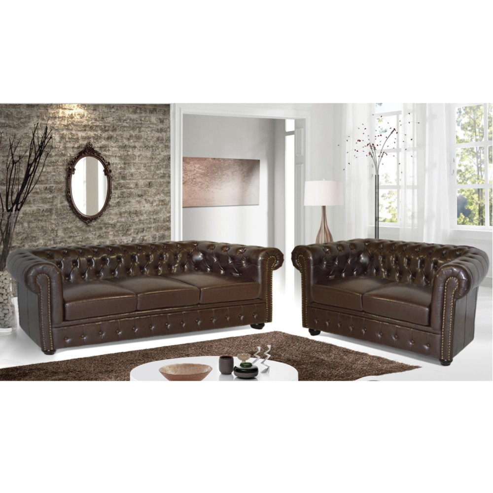 Σετ σαλονιού "CHESTERFIELD" από τεχνόδερμα σε χρώμα σκούρο καφέ 208x90x73