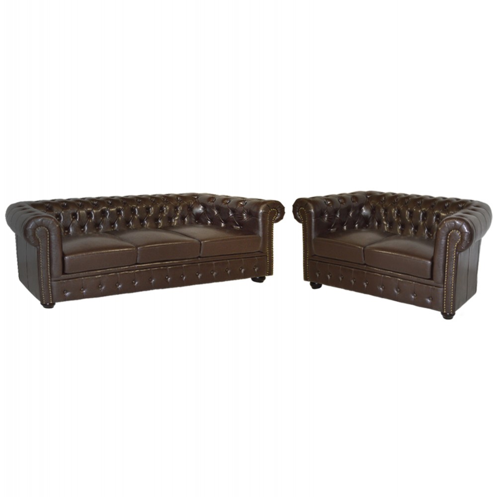 Σετ σαλονιού "CHESTERFIELD" από τεχνόδερμα σε χρώμα σκούρο καφέ 208x90x73
