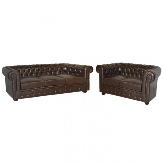 Σετ σαλονιού "CHESTERFIELD" από τεχνόδερμα σε χρώμα σκούρο καφέ 208x90x73