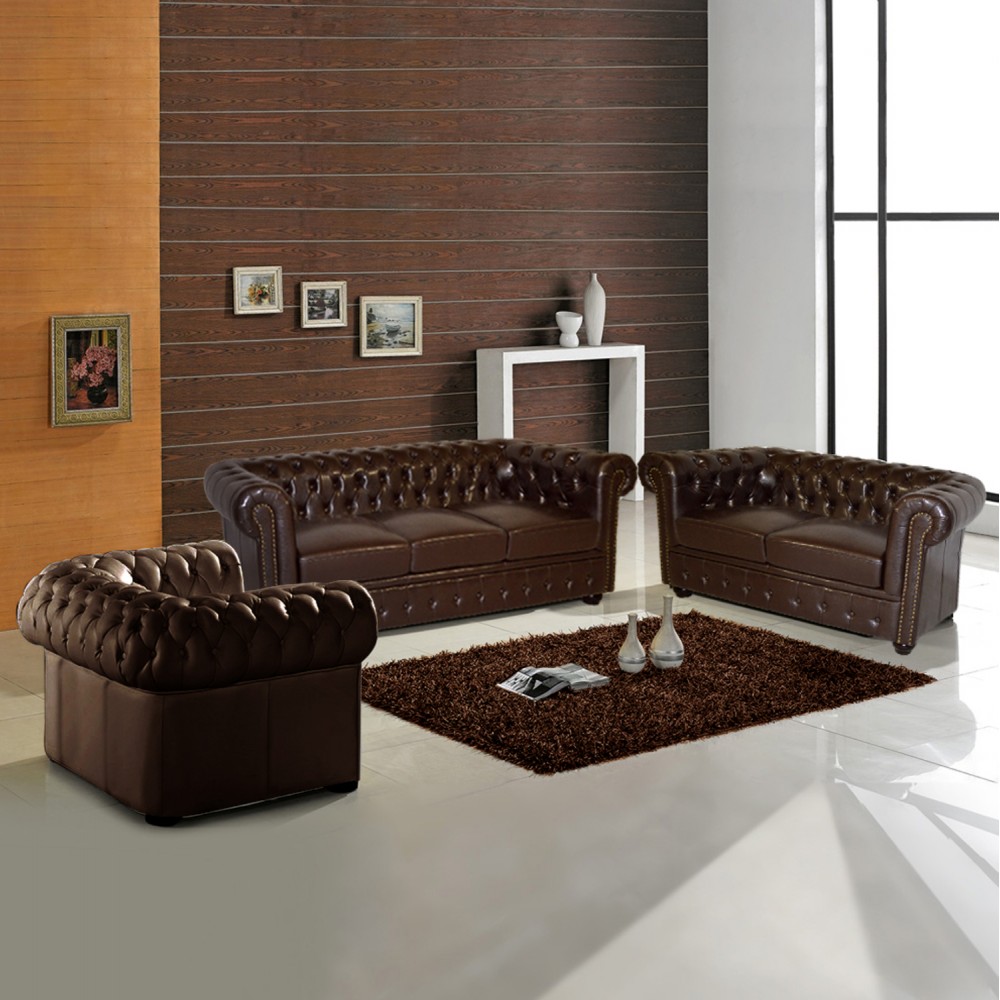 Σετ σαλονιού "CHESTERFIELD" από τεχνόδερμα σε χρώμα σκούρο καφέ 208x90x73