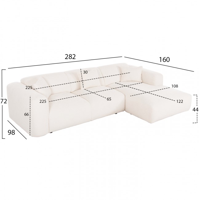 Γωνιακός καναπές "BRICKEN" με δεξιά γωνία από mdf/ύφασμα σε εκρού χρώμα 282x160x72