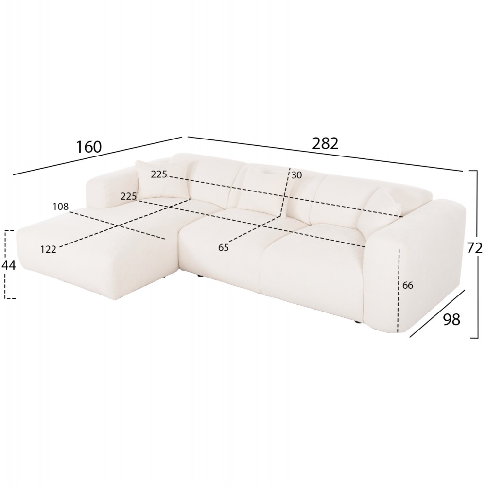 Γωνιακός καναπές "BRICKEN" με αριστερή γωνία από mdf/ύφασμα σε εκρού χρώμα 282x160x72
